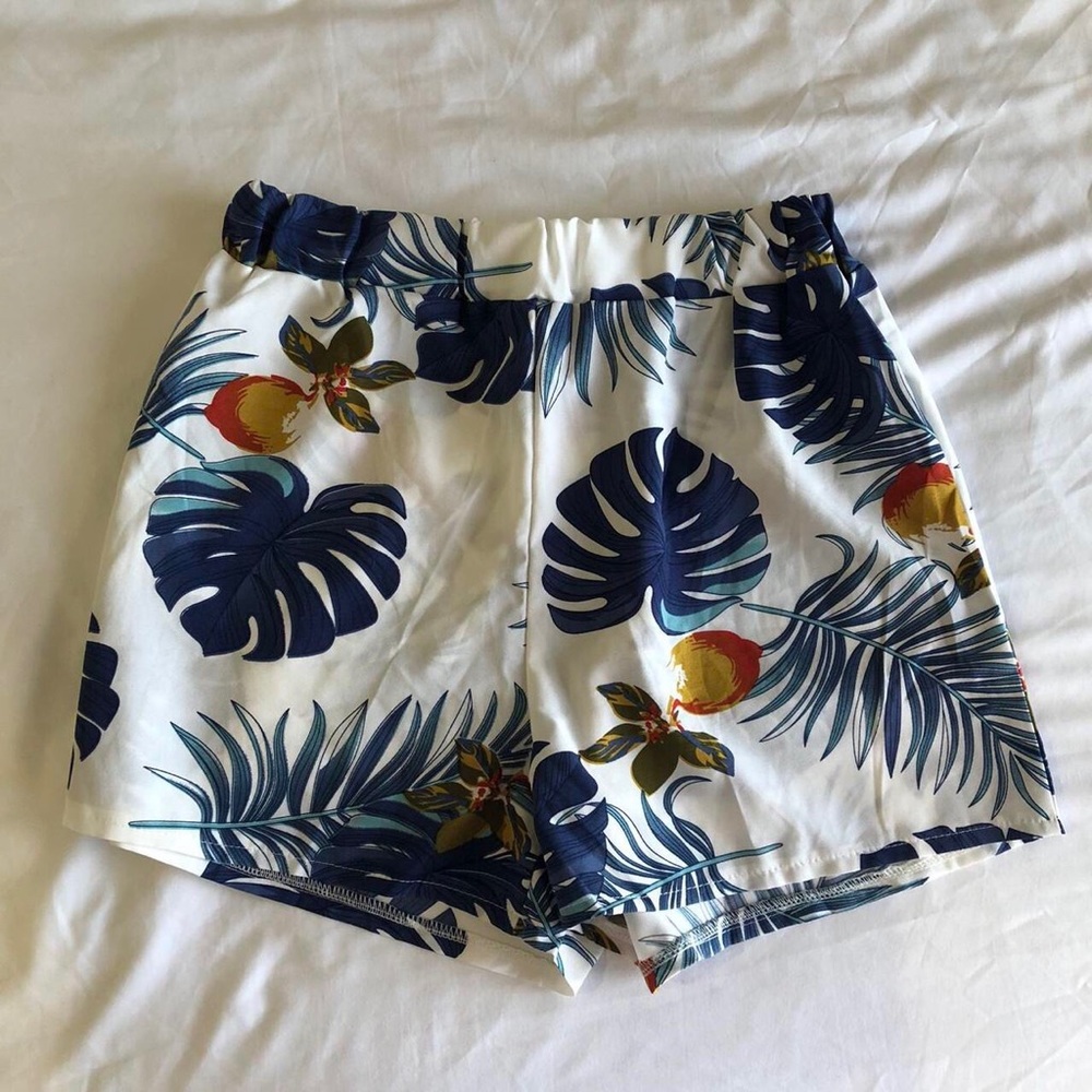 White Shorts with Blue Leaves